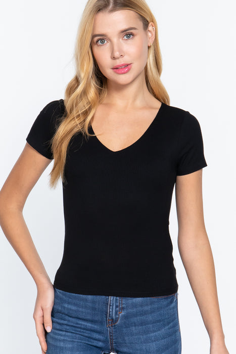 SHORT SLV V-NECK 2 PLY RAYON RIB KNIT TOP