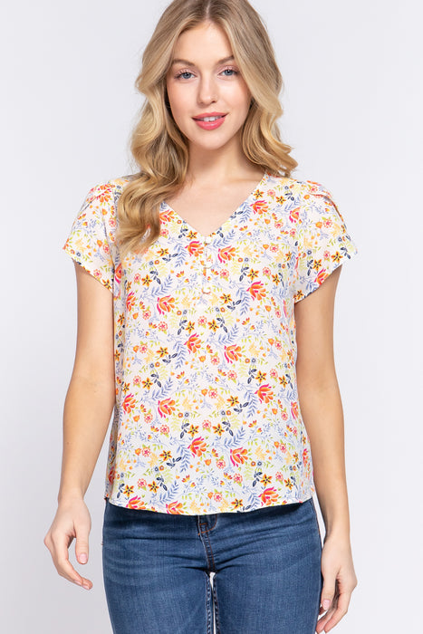 SHORT TULIP SLV PRINT WOVEN TOP