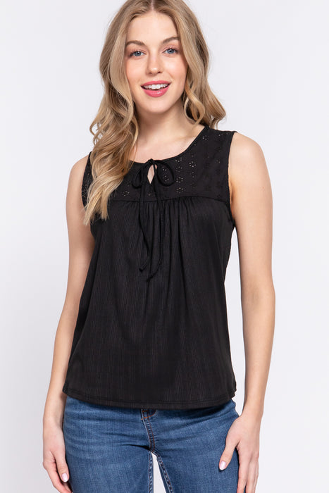 SLEEVELESS LACE YOKE RIB KNIT TOP