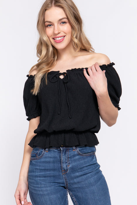 OFF SHOULDER ELASTIC WAIST WOVEN TOP