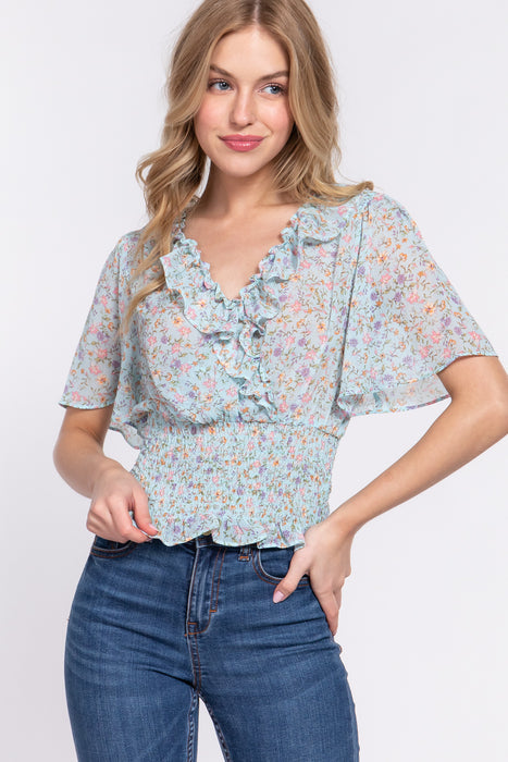 FLUTTER SLV RUFFLE SMOCKED CHIFFON BLOUSE