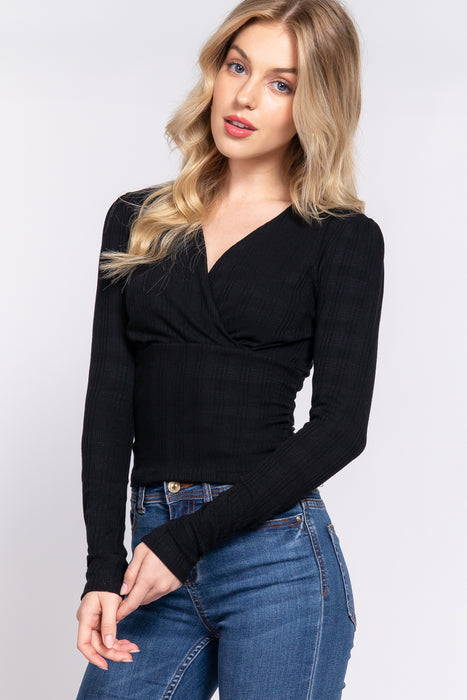 LONG SLV FRONT SURPLICE POINTELLE KNIT TOP
