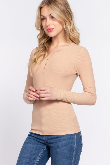 LONG SLV HENLEY NECK RAYON RIB KNIT TOP