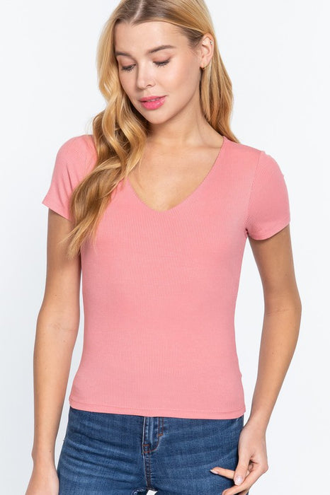 SHORT SLEEVE V-NECK RIB STRAWBERRY PINK TOP