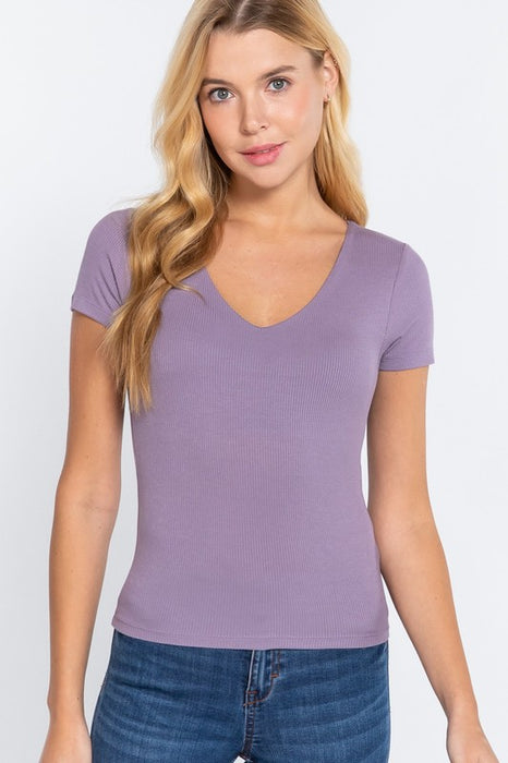SHORT SLEEVE V-NECK RIB MISTY LAVENDER TOP