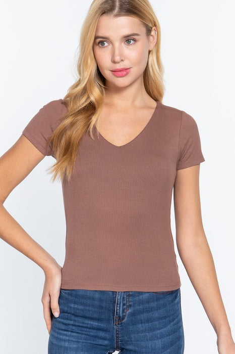 SHORT SLEEVE V-NECK RIB BROWN TOP