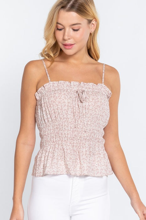BOW TIE AND SMOCKING FLORAL MOCHA TOP