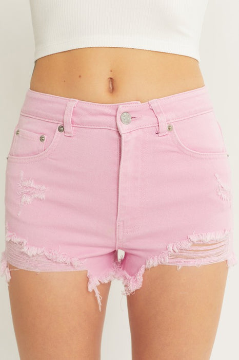 Denim High Waist Frayed Hem Light Pink Shorts