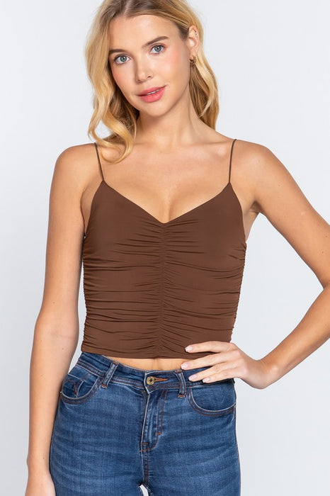 V-NECK RUCHED BROWN TOP