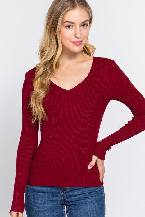V-NECK VISCOSE RIB SWEATER