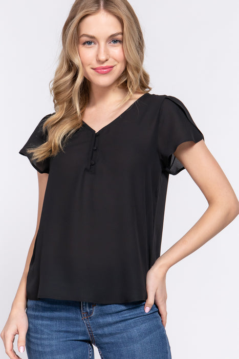 SHORT TULIP SLV V-NECK BLOUSE
