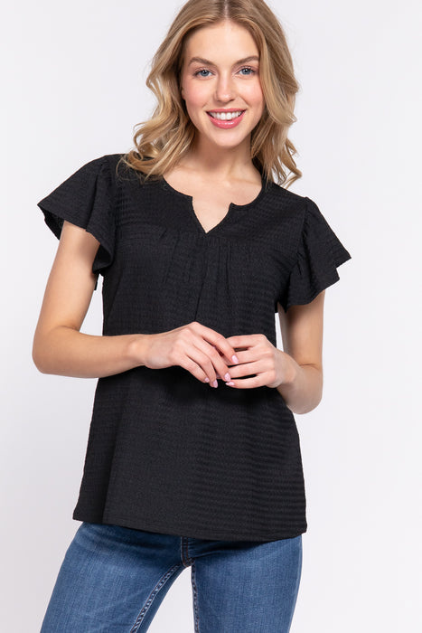 RUFFL SHORT SLV CRNKLE KNIT TOP