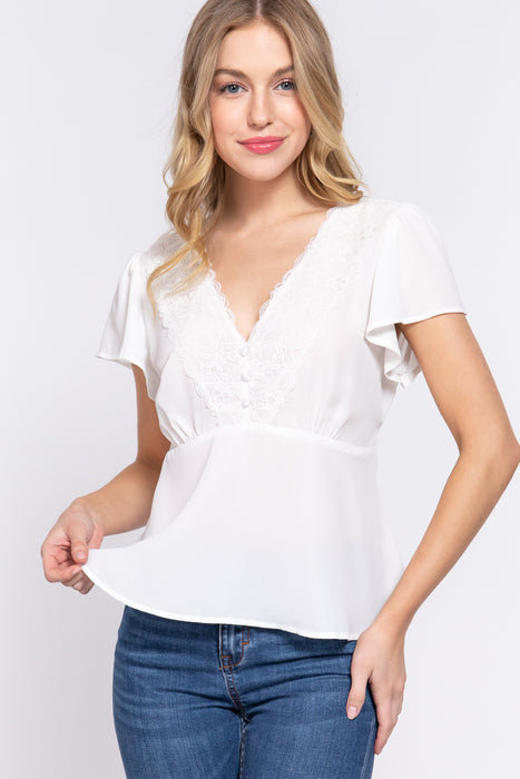 V-NEC LAC TRIMMED WOVEN TOP