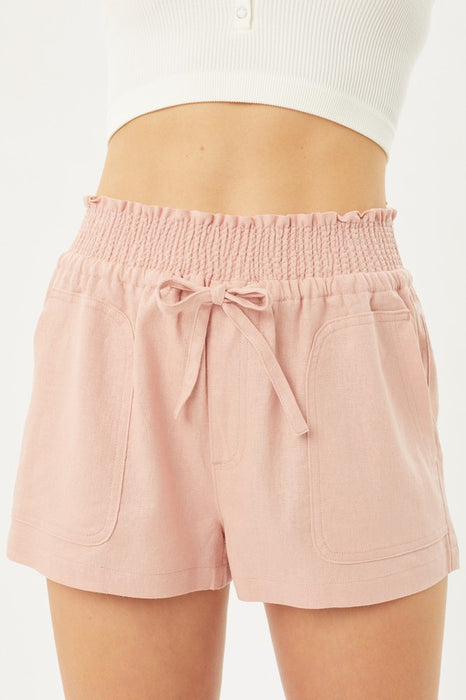 Linen Woven Solid Smocked Waist Shorts