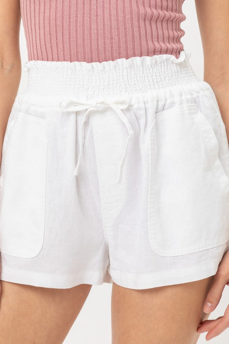 Linen Woven Solid Smocked Waist Shorts