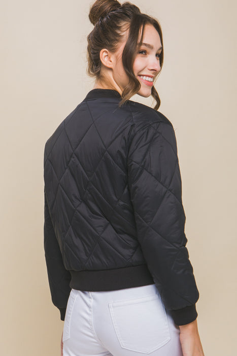 Diagonal Quilt Bomber Jacket with Side Pockets