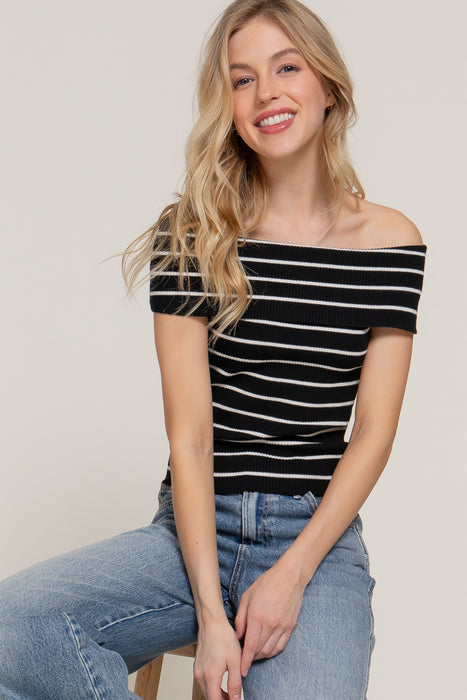 OFF THE SHOULDER STRIPE SPRING SWEATER