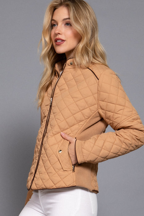 SUEDE PIPING RIB QUILTED PADDING JACKET