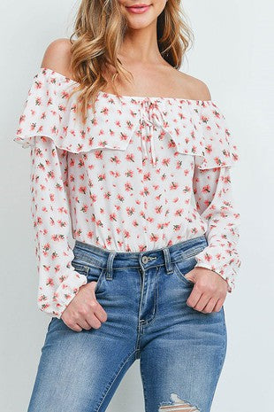 OFF SHOULDER RUFFLE DETAIL FLORAL PRINT BODY SUIT