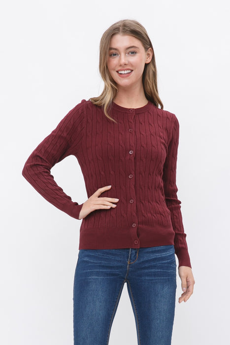 Crew Neck Cable Knit Button Cardigan