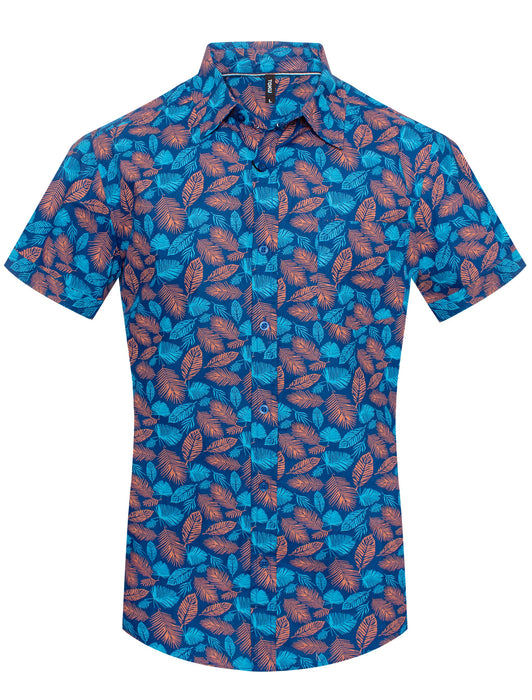 Electric Blue Foliage Print Short-Sleeve Shirt