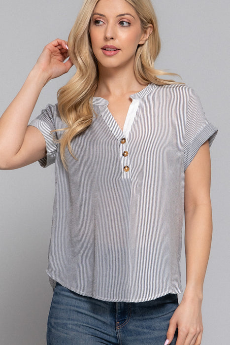 SHORT SLV STRIPE PRINT WOVEN TOP