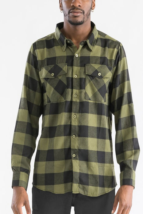 Checkered Long Sleeve Flannel Olive Shirt