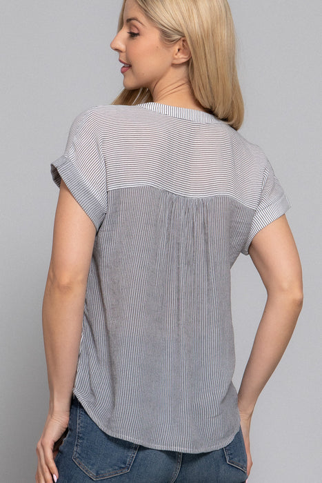 SHORT SLV STRIPE PRINT WOVEN TOP