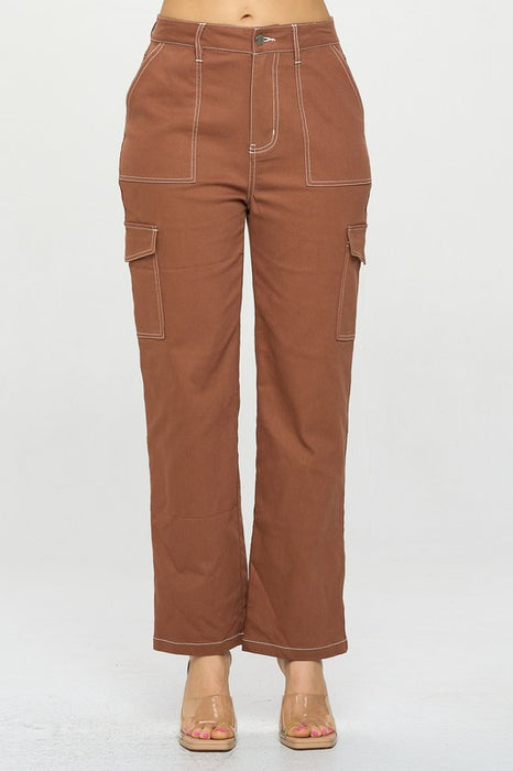 CARGO POCKET AND STITCH DETAIL STRAIGHT PANTS