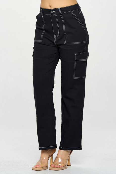 CARGO POCKET AND STITCH DETAIL STRAIGHT PANTS