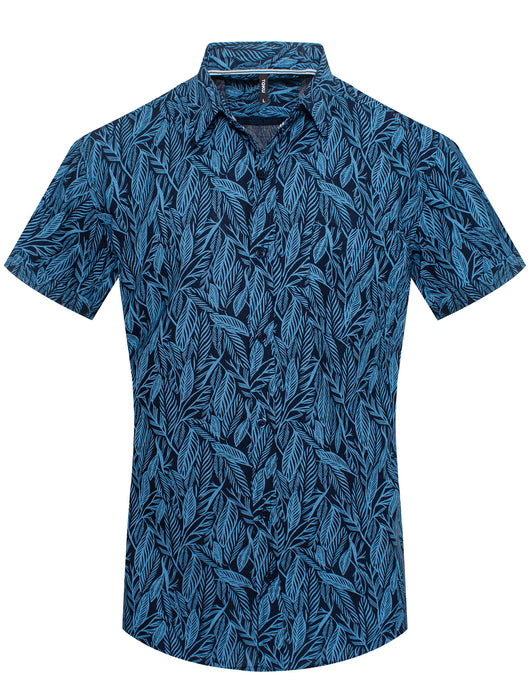 Navy Tropical Foliage Print Short-Sleeve Shirt