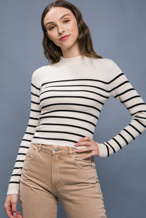 Mock Neck Ribbed Striped Long Sleeve Sweater Top