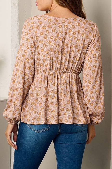 LONG SLEEVE SURPLICE FLORAL BLOUSE TOP