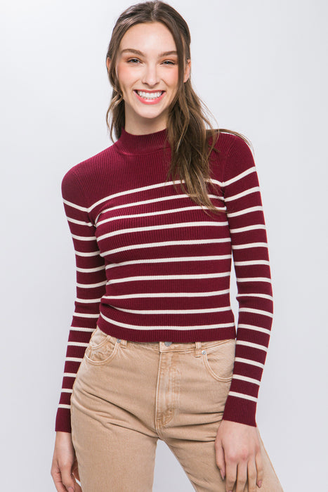 Mock Neck Ribbed Striped Long Sleeve Sweater Top