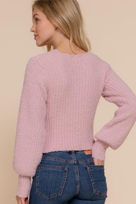 LONG PUFF SLV V-NECK RIB SWEATER