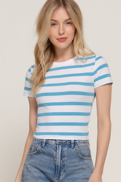 SHORT SLV Y/D STRIPE KNIT CROP TOP