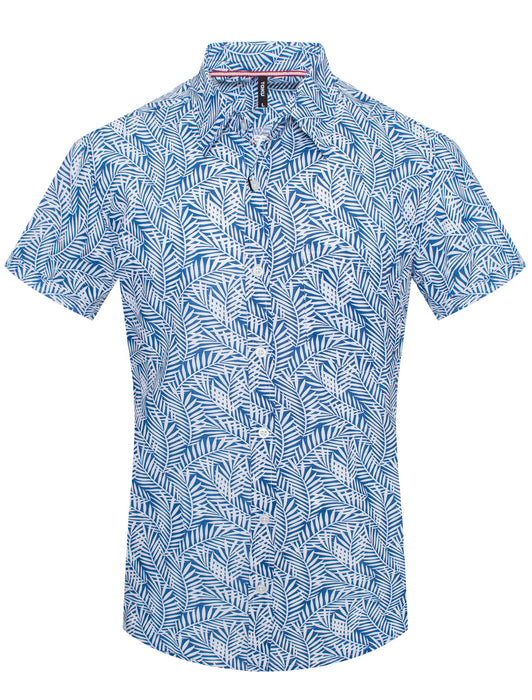 Blue Tropical Palm Leaf Print Short-Sleeve Shirt