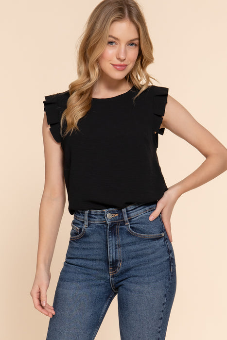 PLEATED SHORT SLV WOVEN TOP