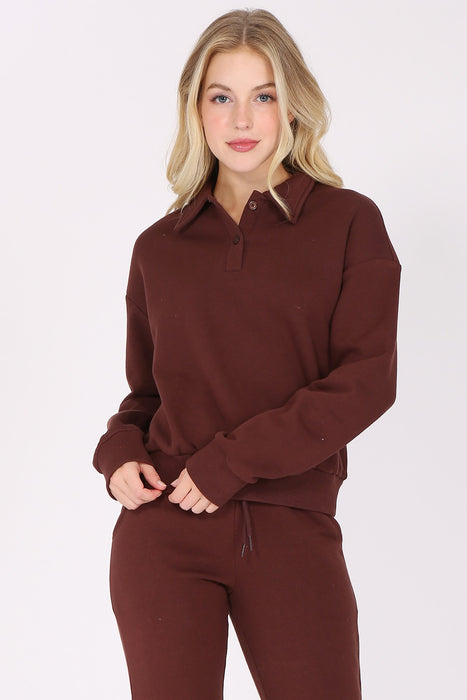 Solid Fleece Polo Sweatshirt