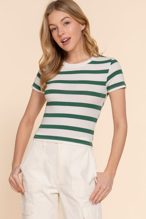 SHORT SLV Y/D STRIPE KNIT CROP TOP