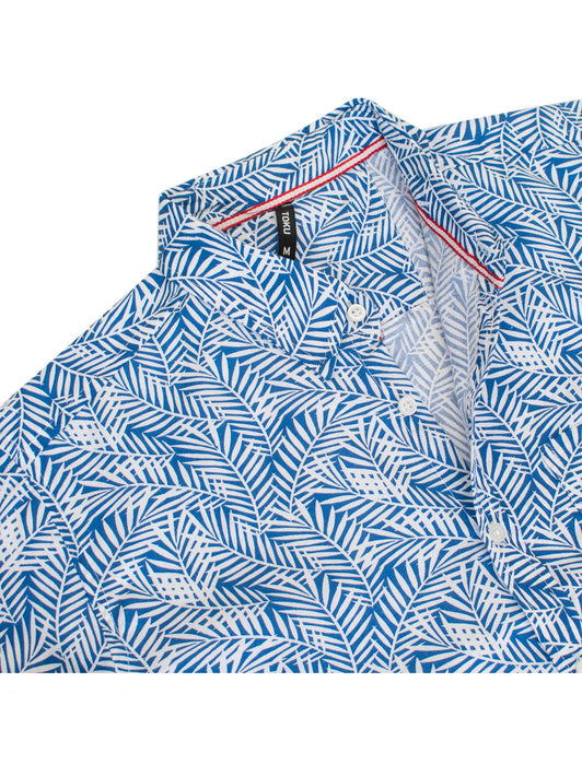 Blue Tropical Palm Leaf Print Short-Sleeve Shirt