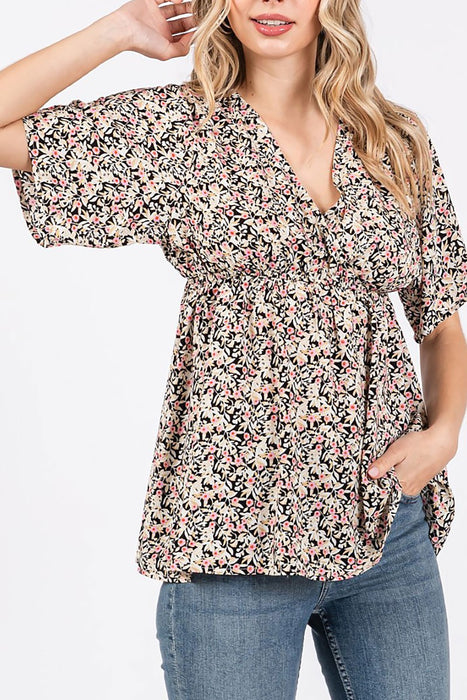 V NECK FLORAL PRINT BABYDOLL BLOUSE TOP