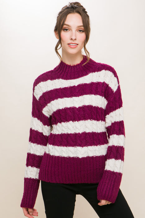 Striped Cable-Knit Pullover Sweater
