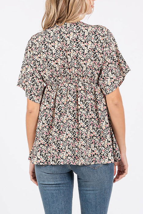 V NECK FLORAL PRINT BABYDOLL BLOUSE TOP