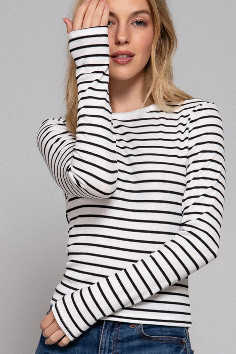 LONG SLV CREW NECK Y/D STRIPE KNIT TOP