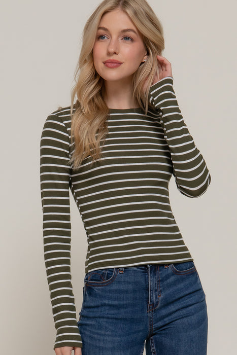 LONG SLV CREW NECK Y/D STRIPE KNIT TOP