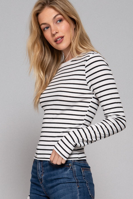 LONG SLV CREW NECK Y/D STRIPE KNIT TOP