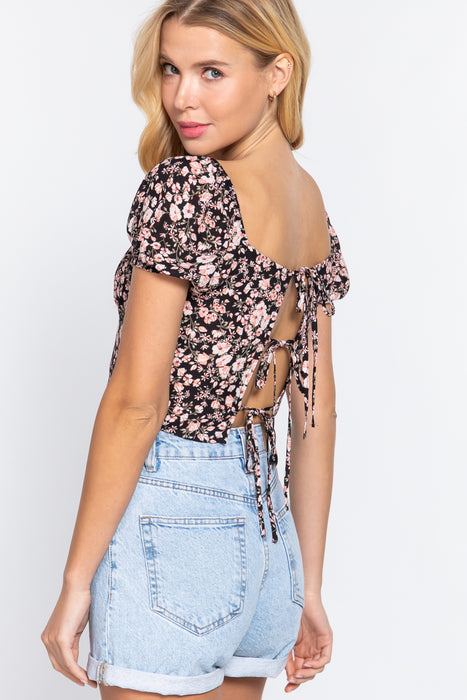 RUCHED OPEN BACK PRINT WOVEN TOP