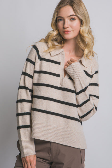 V-Neck Stripe Polo Sweater