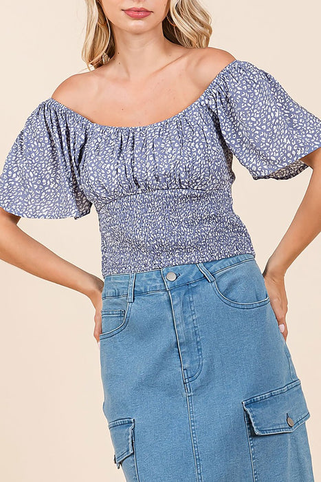 PRINTED RAYON CHALLIE SMOCKING WAISTED CROP TOP